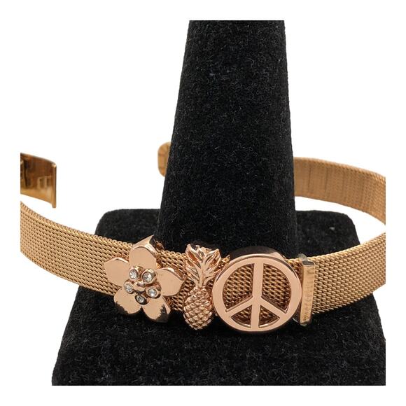 Aphrodite NIB Rose Gold Mesh Charm Bracelet Peace Sign, Pineapple, Flower Charms - Picture 2 of 16